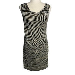Ann Taylor Loft Cowl Neck Mini Dress S Black Striped Lined Ruched Side Pullover